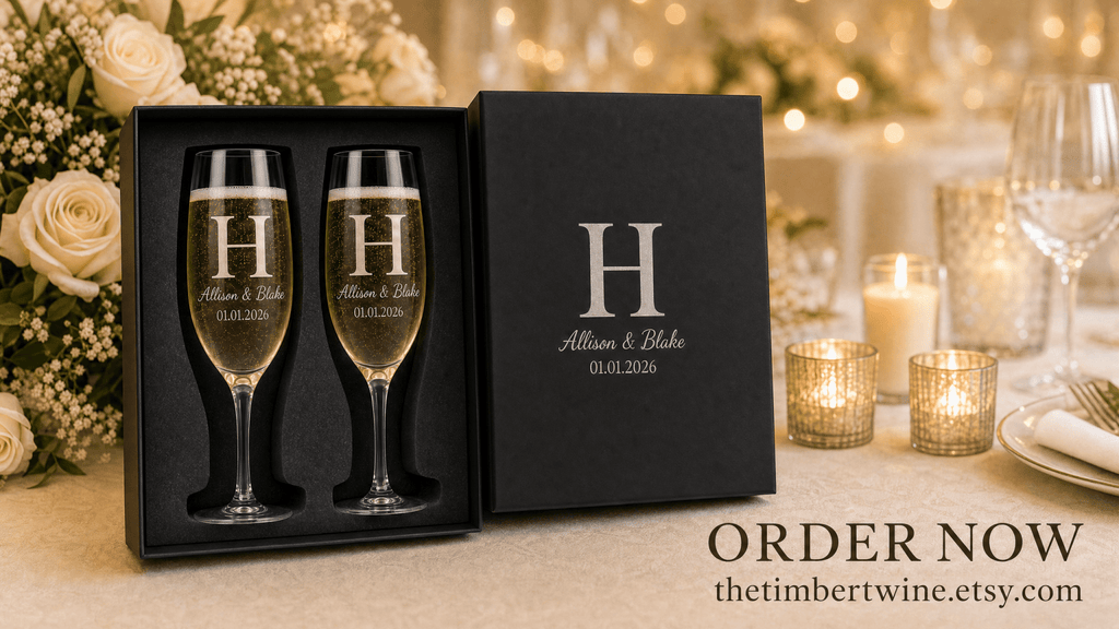 Personalized Wedding Champagne Glasses Set with Custom Name Box and Gift Bag – Elegant Anniversary or Newlywed Gift for Couples
