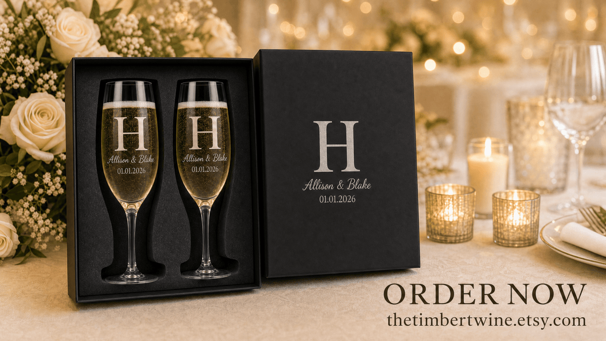 Personalized Wedding Champagne Glasses Set with Custom Name Box and Gift Bag – Elegant Anniversary or Newlywed Gift for Couples