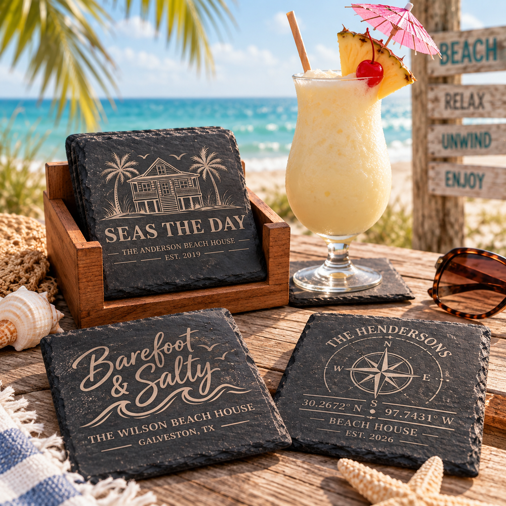 Personalized Beach House Slate Coasters, Custom Coastal Coaster Set, Engraved Vacation Home Gift, Housewarming Gift with Wooden Holder