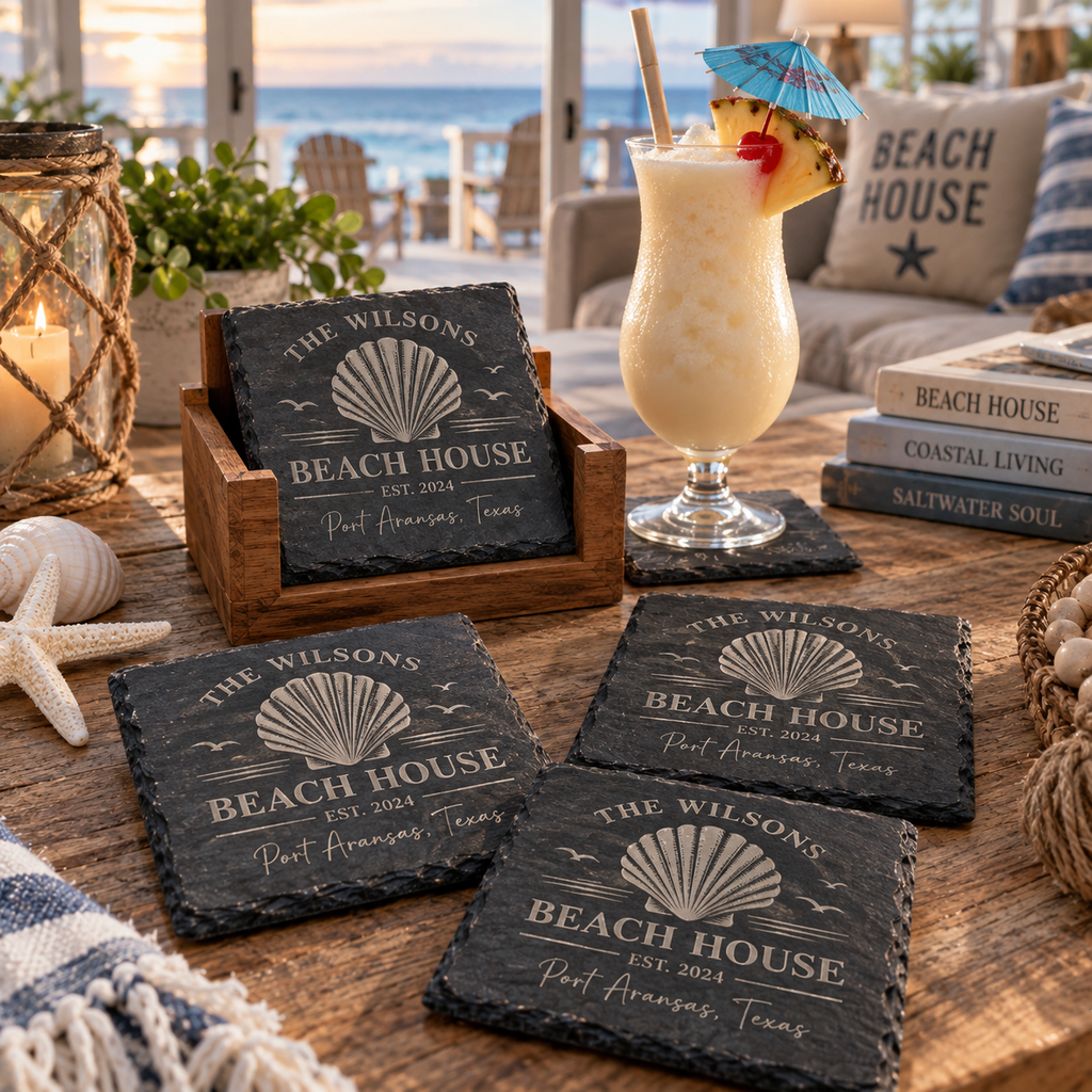 Personalized Beach House Slate Coasters, Custom Coastal Coaster Set, Engraved Vacation Home Gift, Housewarming Gift with Wooden Holder