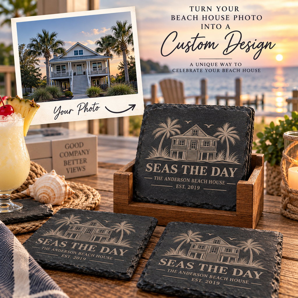 Personalized Beach House Slate Coasters, Custom Coastal Coaster Set, Engraved Vacation Home Gift, Housewarming Gift with Wooden Holder