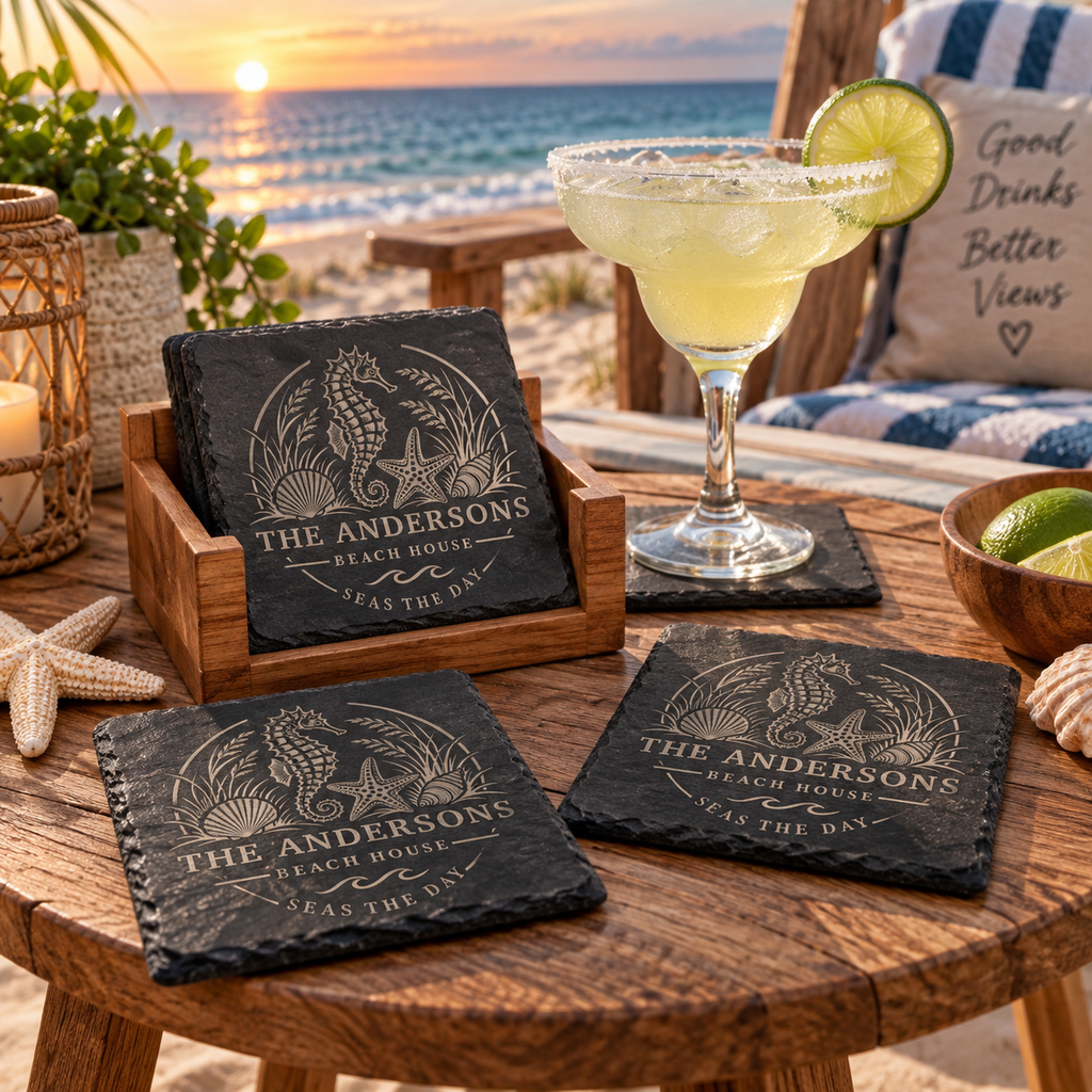 Personalized Beach House Slate Coasters, Custom Coastal Coaster Set, Engraved Vacation Home Gift, Housewarming Gift with Wooden Holder