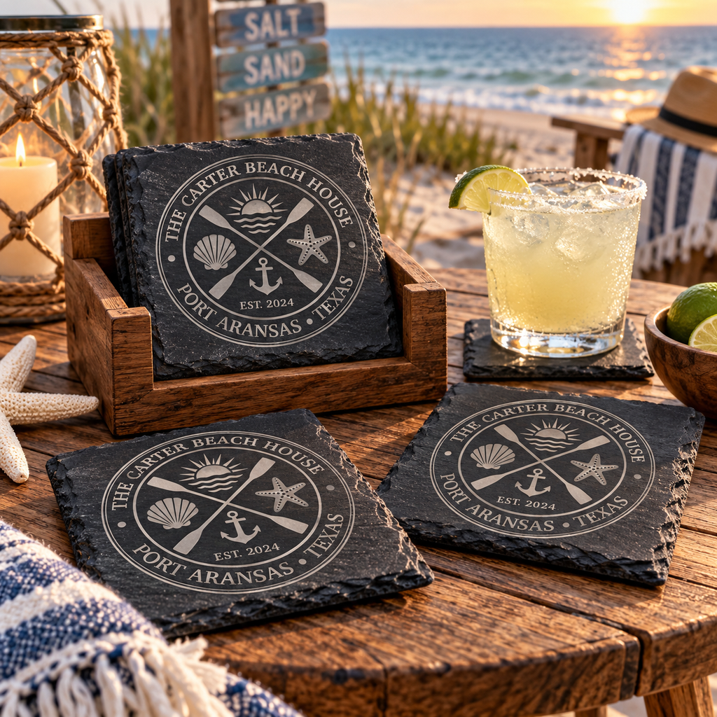 Personalized Beach House Slate Coasters, Custom Coastal Coaster Set, Engraved Vacation Home Gift, Housewarming Gift with Wooden Holder