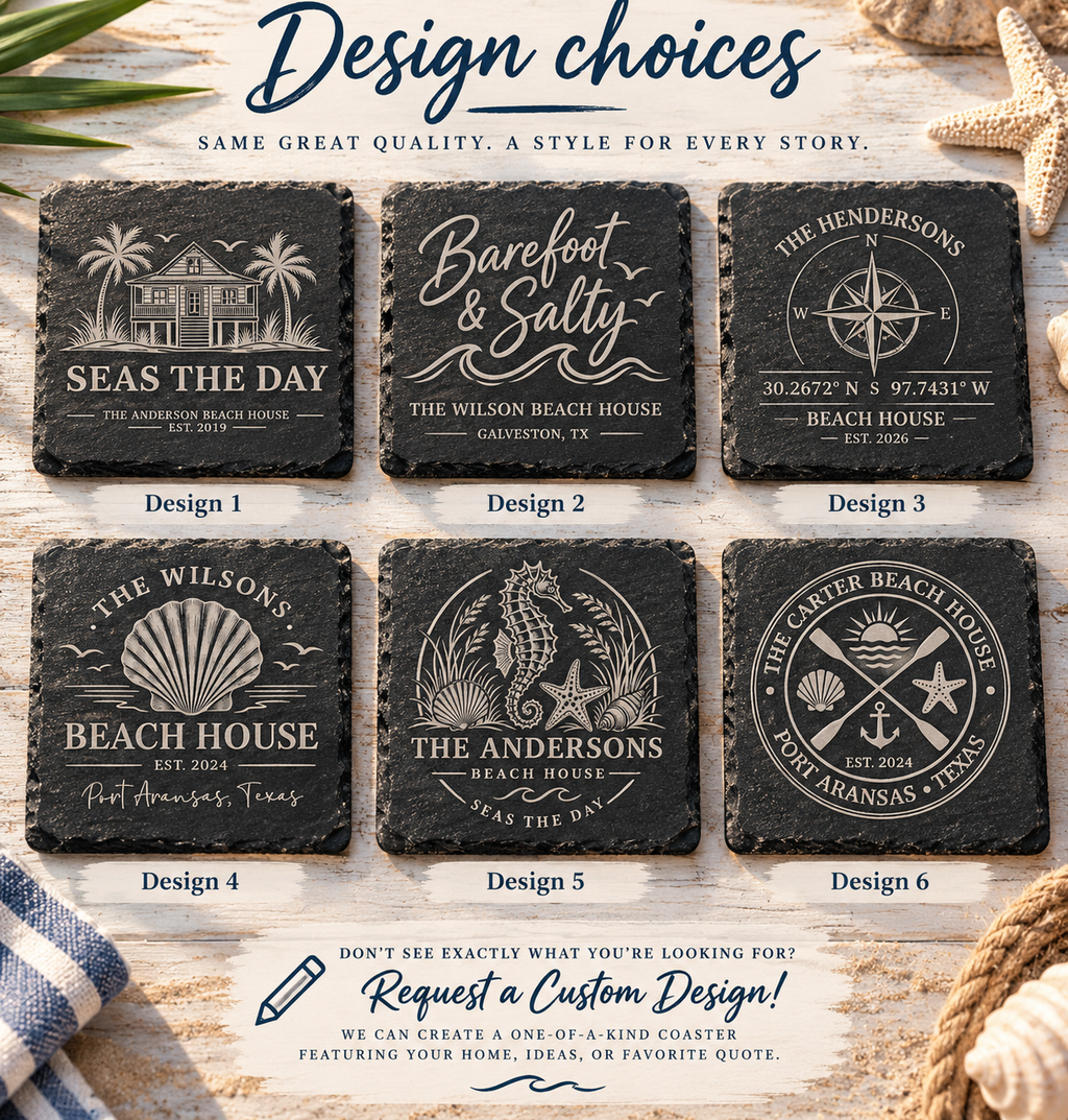 Personalized Beach House Slate Coasters, Custom Coastal Coaster Set, Engraved Vacation Home Gift, Housewarming Gift with Wooden Holder