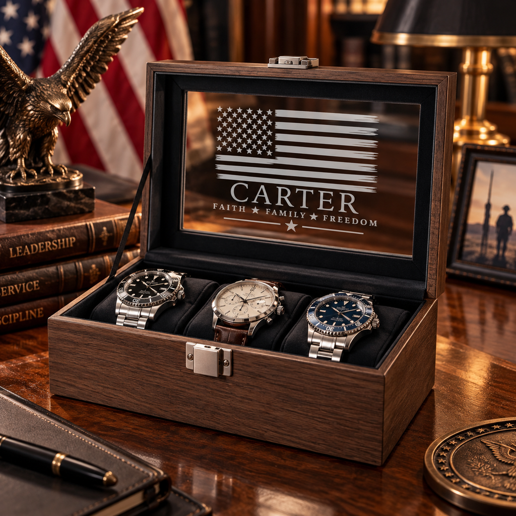 Personalized Watch Box for Men with Custom Name or Initial on Glass – Engraved 3 Slot Wood Watch Display Case for Groomsmen or Birthday Gift