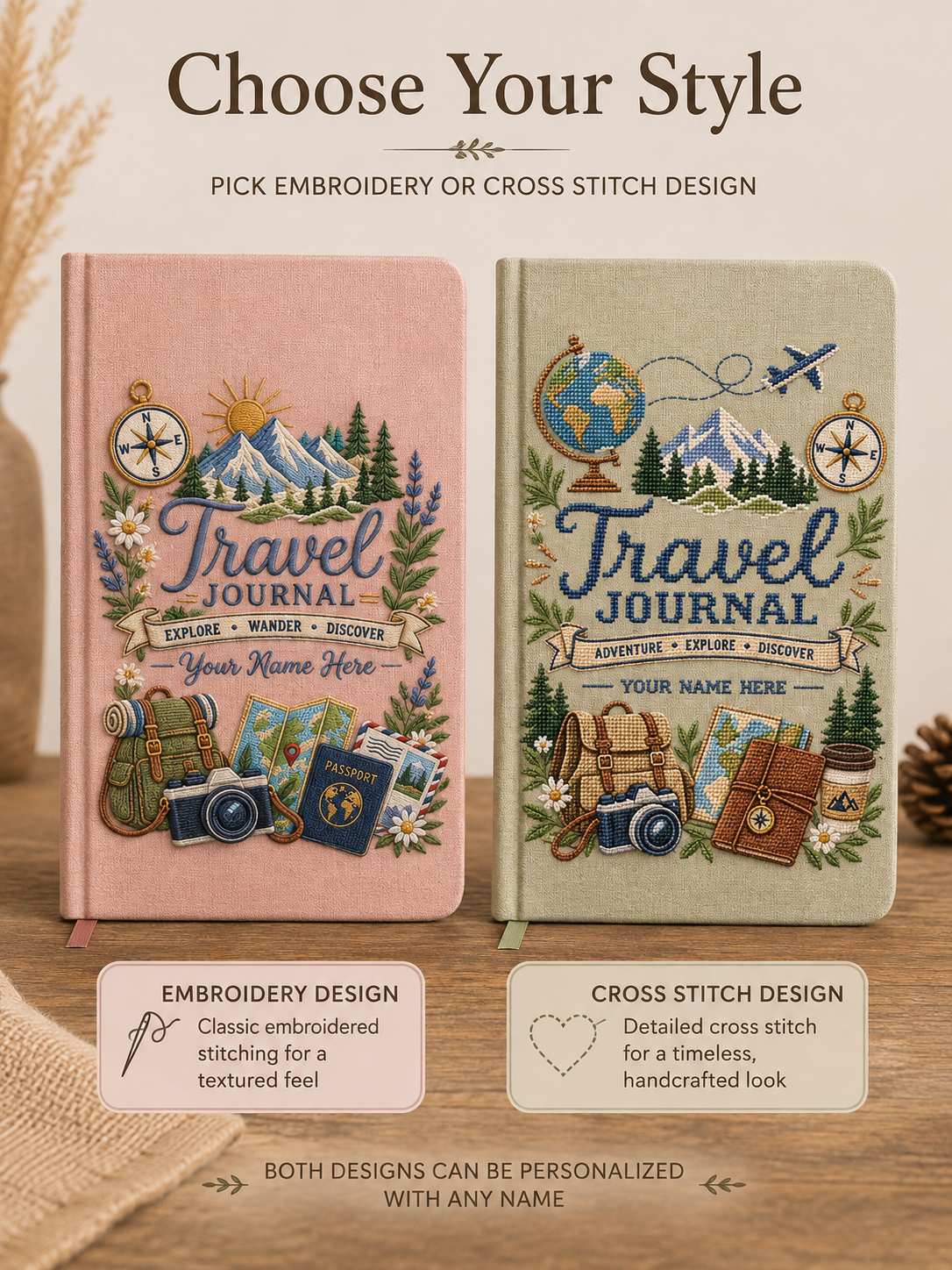 Personalized Travel Journal, UV Printed Linen Notebook, Embroidery & Cross Stitch Look, Custom Name Hiking Adventure Gift for Traveler