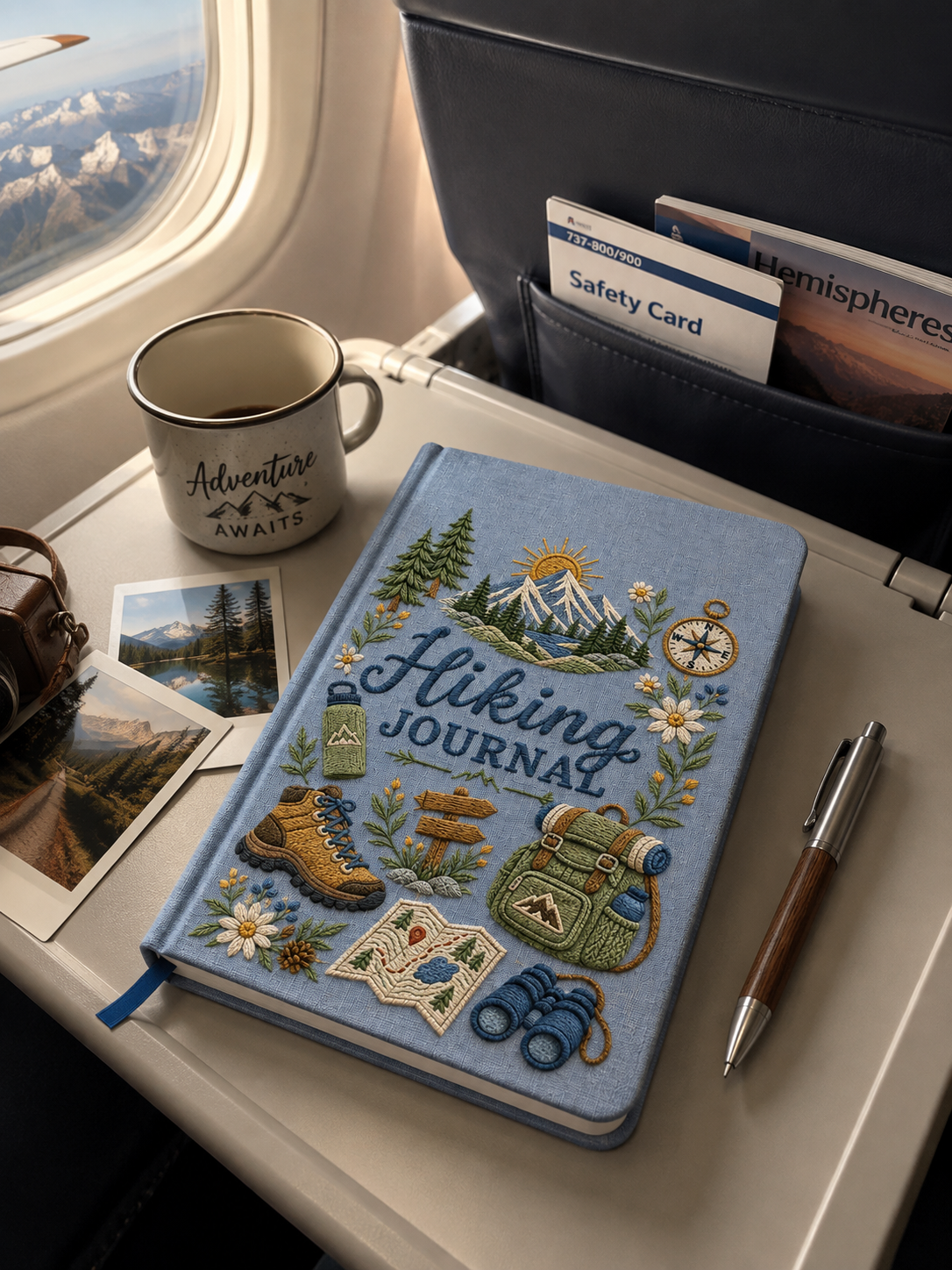 Personalized Travel Journal, UV Printed Linen Notebook, Embroidery & Cross Stitch Look, Custom Name Hiking Adventure Gift for Traveler