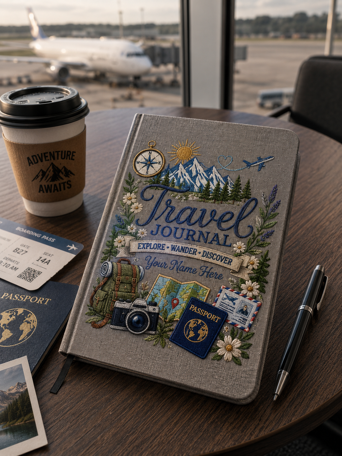 Personalized Travel Journal, UV Printed Linen Notebook, Embroidery & Cross Stitch Look, Custom Name Hiking Adventure Gift for Traveler