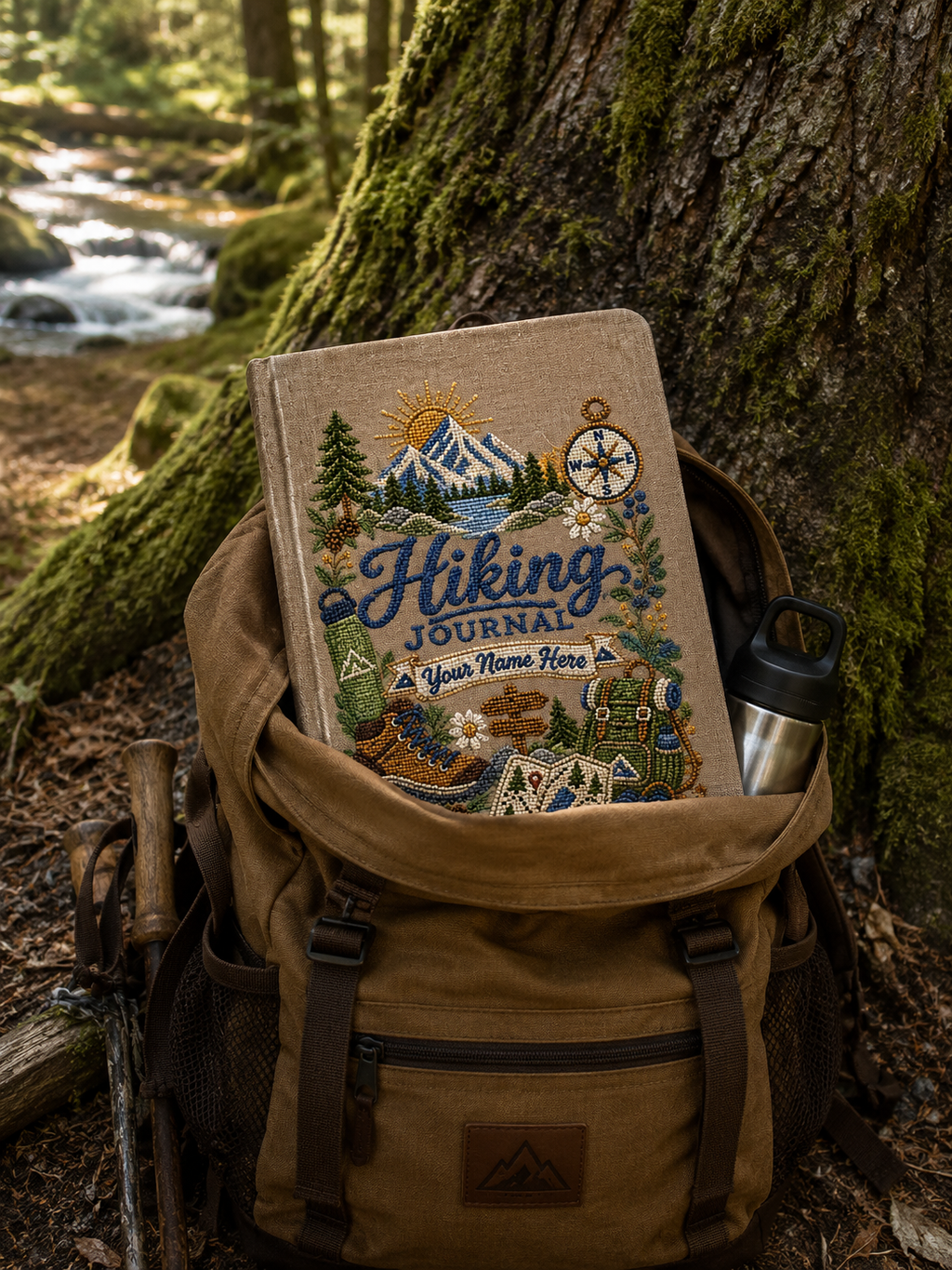 Personalized Travel Journal, UV Printed Linen Notebook, Embroidery & Cross Stitch Look, Custom Name Hiking Adventure Gift for Traveler