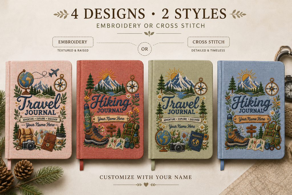Personalized Travel Journal, UV Printed Linen Notebook, Embroidery & Cross Stitch Look, Custom Name Hiking Adventure Gift for Traveler