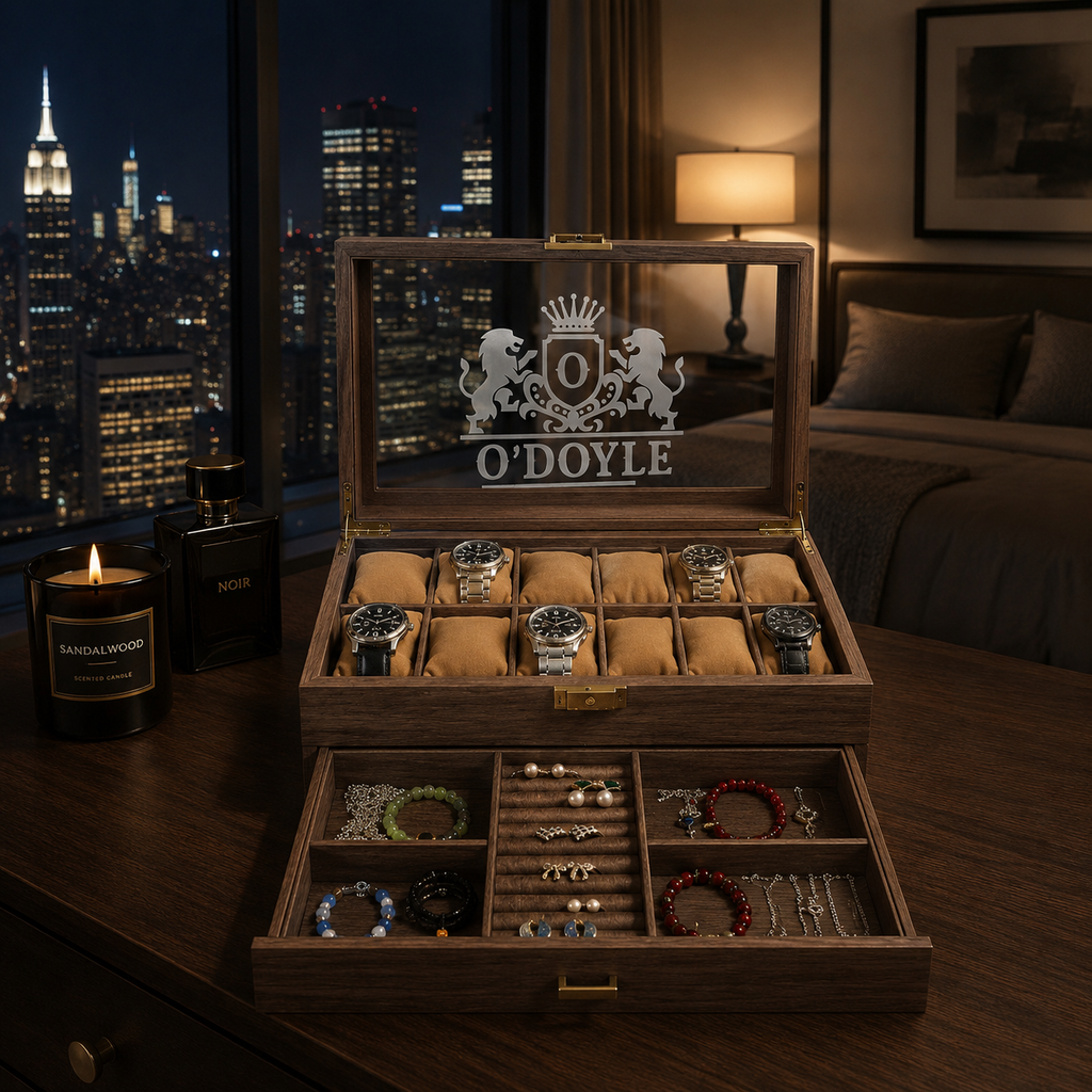 Personalized Watch & Jewelry Box for Men, Custom Engraved Style Watch Case with Glass Display Lid, Drawer & 10 Watch Slots