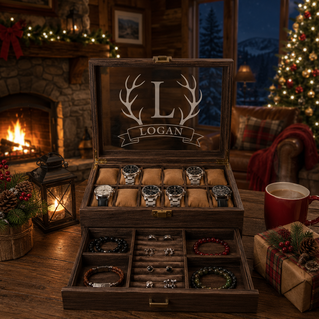 Personalized Watch & Jewelry Box for Men, Custom Engraved Style Watch Case with Glass Display Lid, Drawer & 10 Watch Slots