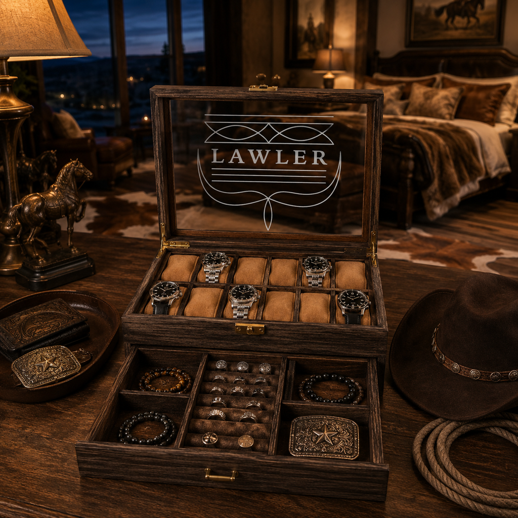 Personalized Watch & Jewelry Box for Men, Custom Engraved Style Watch Case with Glass Display Lid, Drawer & 10 Watch Slots
