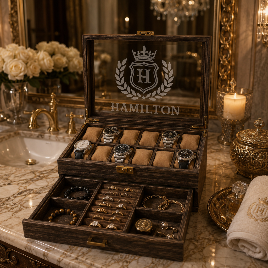 Personalized Watch & Jewelry Box for Men, Custom Engraved Style Watch Case with Glass Display Lid, Drawer & 10 Watch Slots