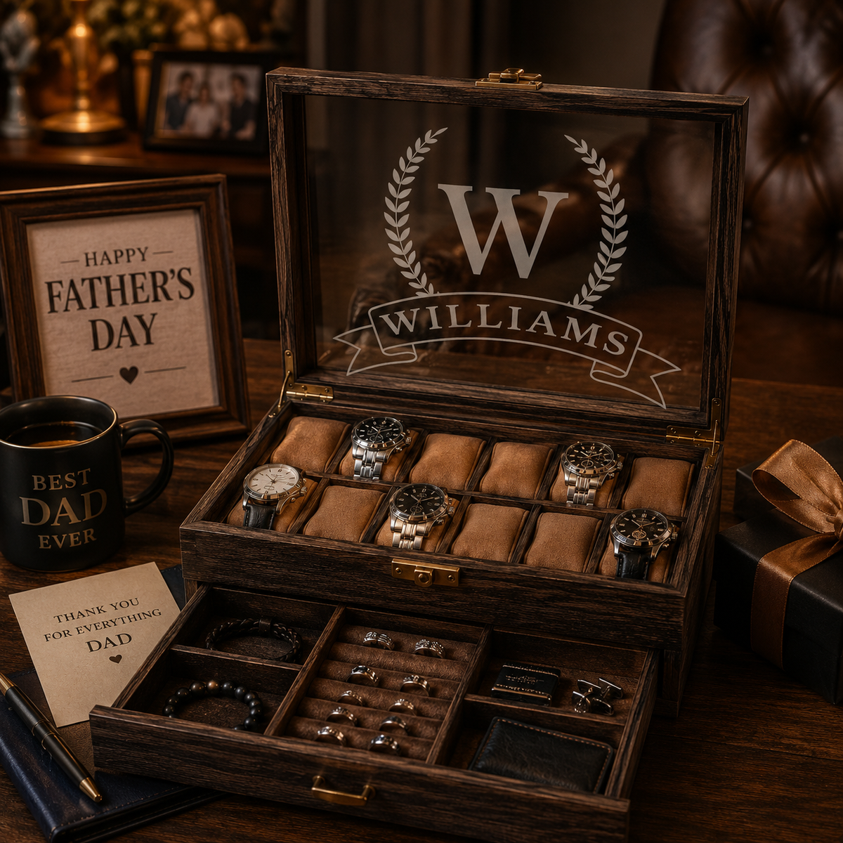 Personalized Watch & Jewelry Box for Men, Custom Engraved Style Watch Case with Glass Display Lid, Drawer & 10 Watch Slots