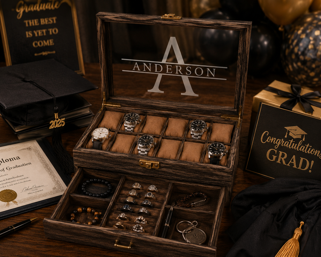 Personalized Watch & Jewelry Box for Men, Custom Engraved Style Watch Case with Glass Display Lid, Drawer & 10 Watch Slots