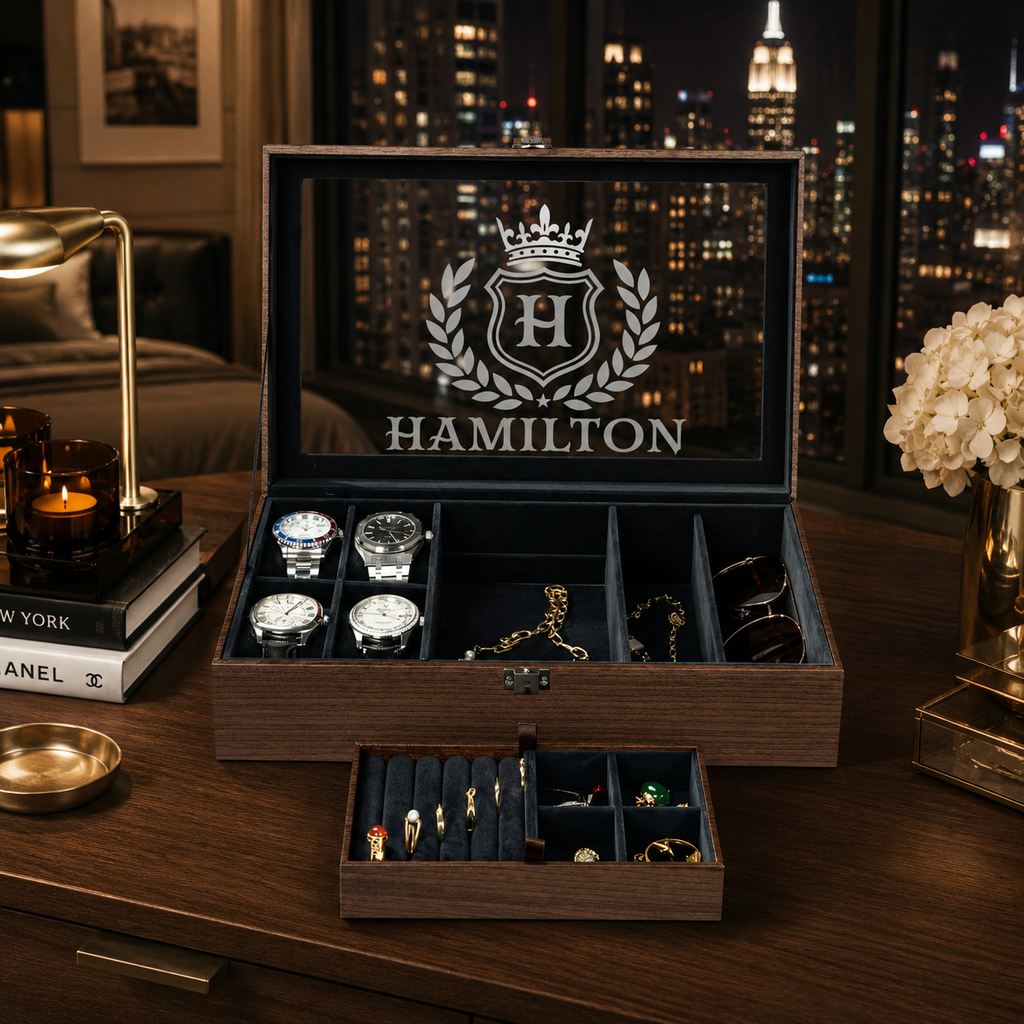 Personalized Watch & Jewelry Box for Men, Custom Engraved Glass Lid, Wooden Watch Organizer, Anniversary Birthday Father’s Day Gift