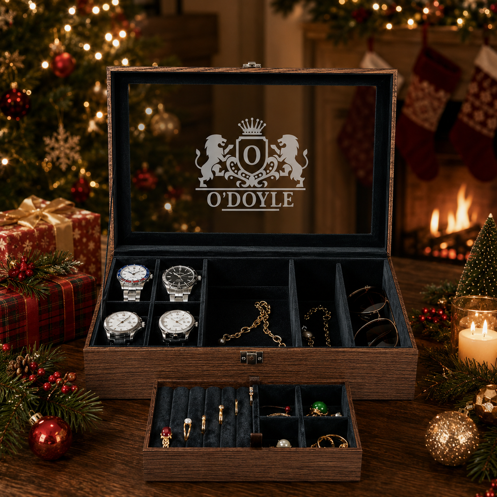 Personalized Watch & Jewelry Box for Men, Custom Engraved Glass Lid, Wooden Watch Organizer, Anniversary Birthday Father’s Day Gift