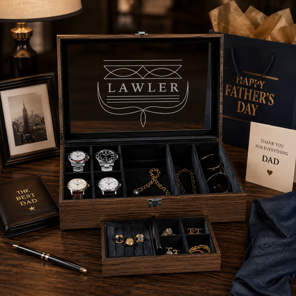 Personalized Watch & Jewelry Box for Men, Custom Engraved Glass Lid, Wooden Watch Organizer, Anniversary Birthday Father’s Day Gift