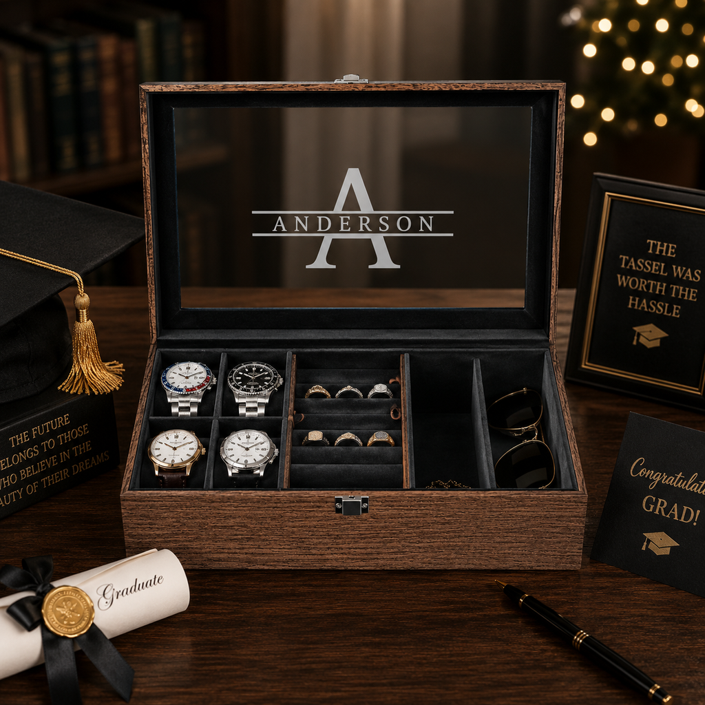 Personalized Watch & Jewelry Box for Men, Custom Engraved Glass Lid, Wooden Watch Organizer, Anniversary Birthday Father’s Day Gift