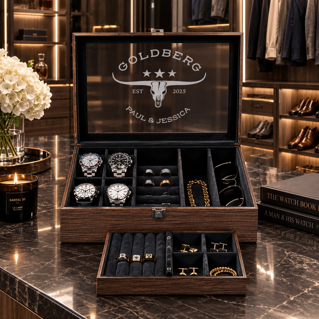Personalized Watch & Jewelry Box for Men, Custom Engraved Glass Lid, Wooden Watch Organizer, Anniversary Birthday Father’s Day Gift