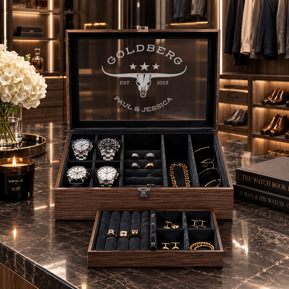 Personalized Watch & Jewelry Box for Men, Custom Engraved Glass Lid, Wooden Watch Organizer, Anniversary Birthday Father’s Day Gift