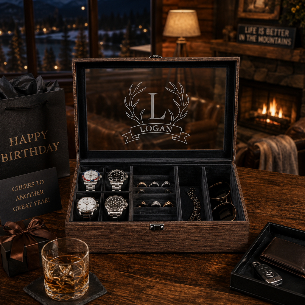 Personalized Watch & Jewelry Box for Men, Custom Engraved Glass Lid, Wooden Watch Organizer, Anniversary Birthday Father’s Day Gift
