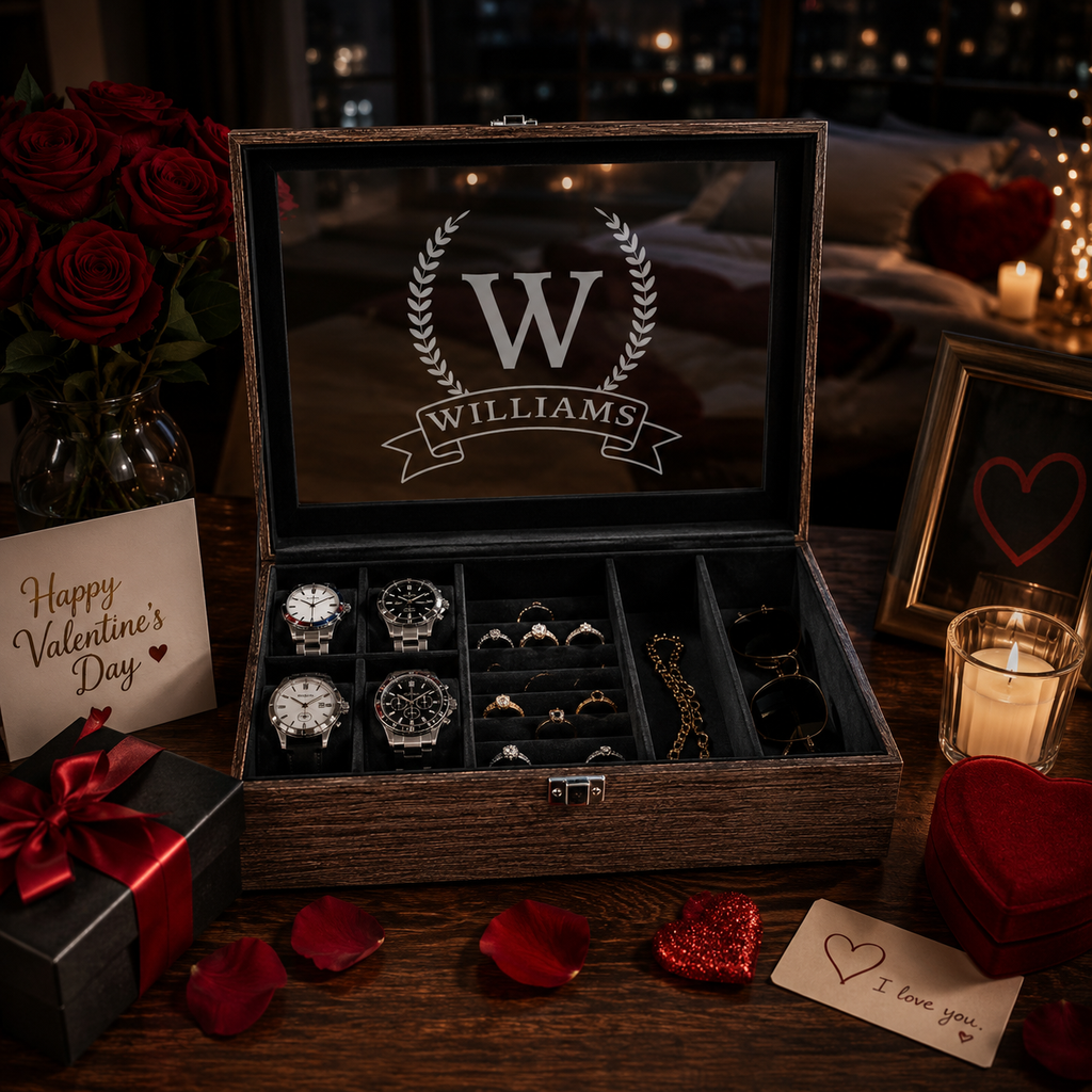 Personalized Watch & Jewelry Box for Men, Custom Engraved Glass Lid, Wooden Watch Organizer, Anniversary Birthday Father’s Day Gift