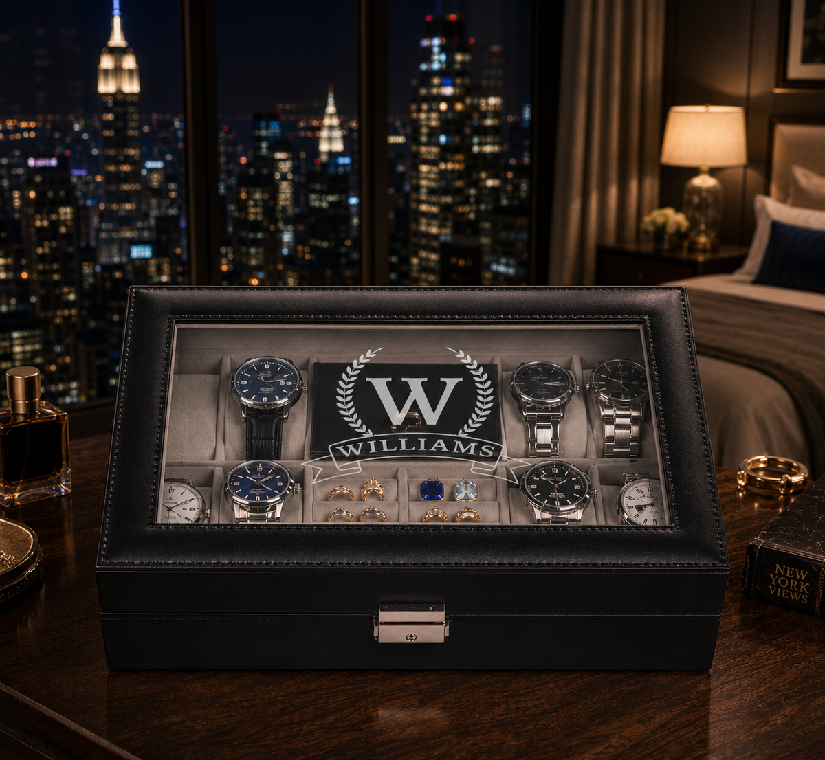 Personalized Black Leather Watch Box for Men, Custom Engraved Jewelry Organizer, 8 Slot Watch Case, Anniversary & Groomsmen Gift