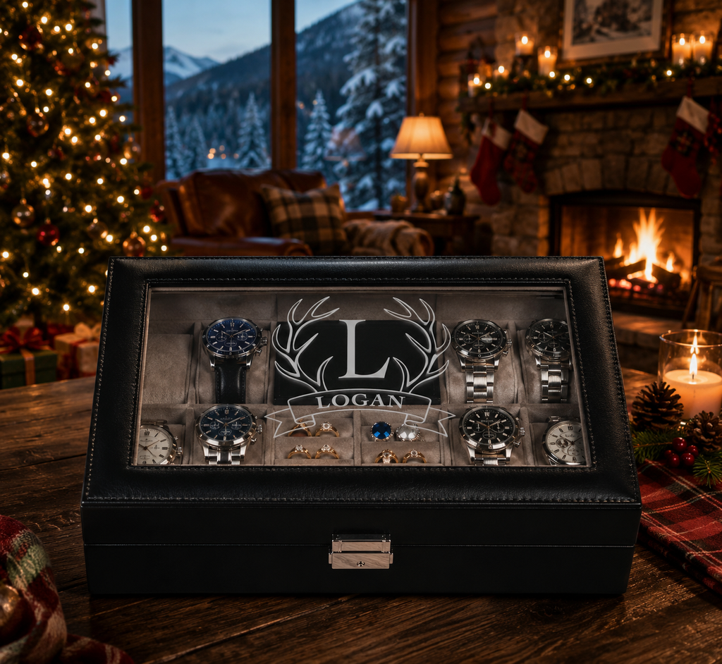 Personalized Black Leather Watch Box for Men, Custom Engraved Jewelry Organizer, 8 Slot Watch Case, Anniversary & Groomsmen Gift