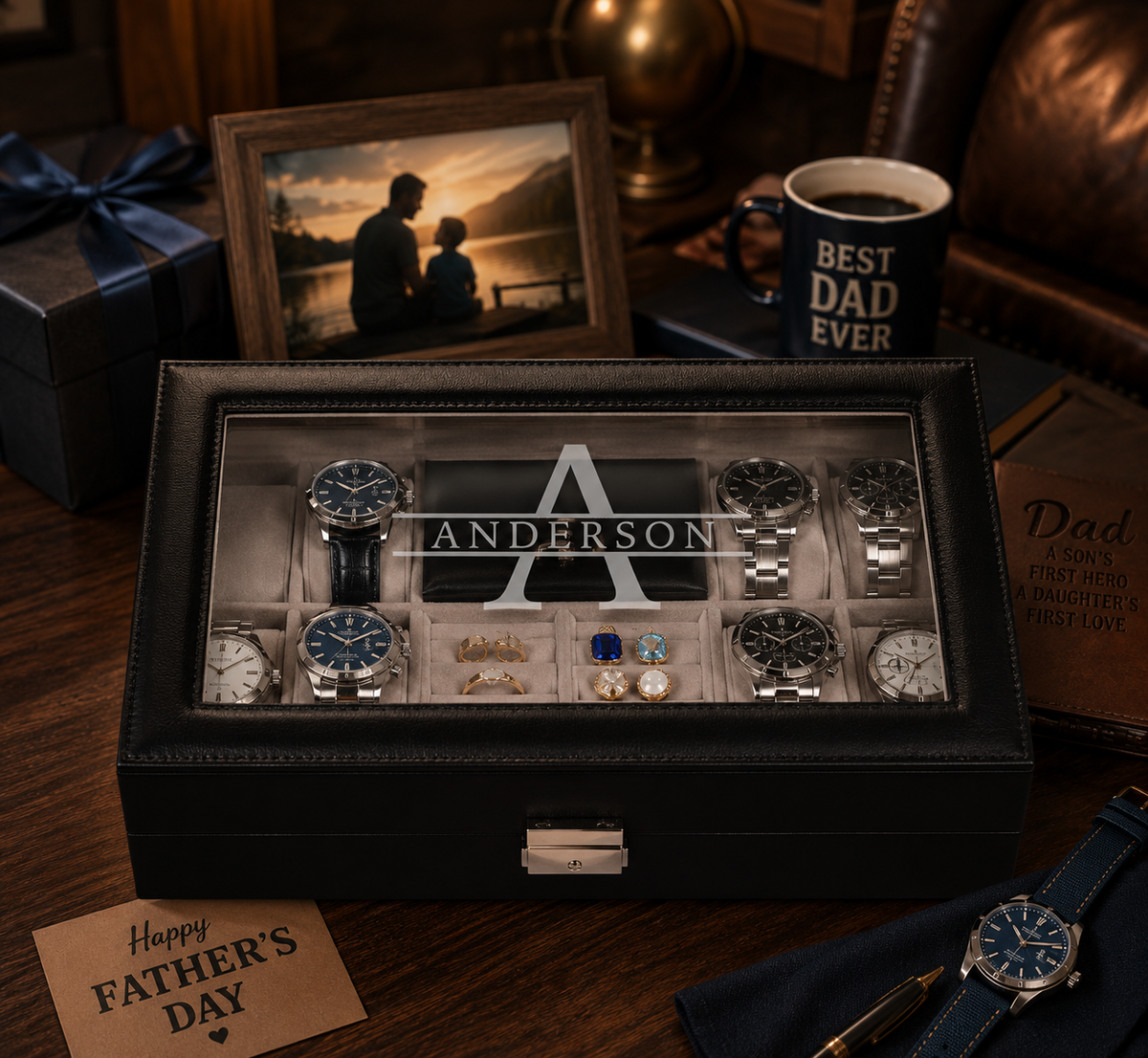 Personalized Black Leather Watch Box for Men, Custom Engraved Jewelry Organizer, 8 Slot Watch Case, Anniversary & Groomsmen Gift