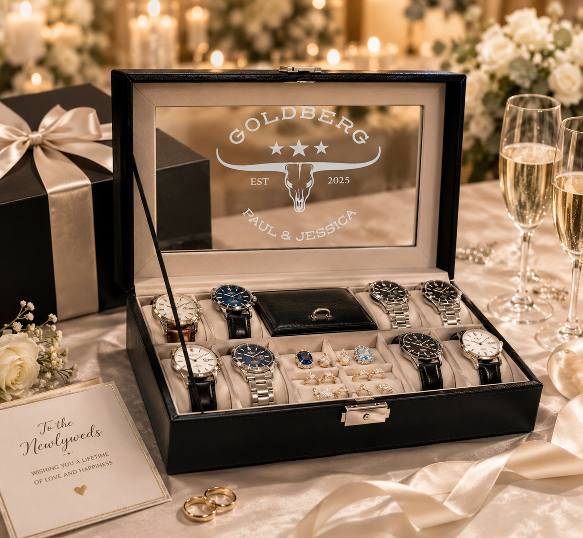 Personalized Black Leather Watch Box for Men, Custom Engraved Jewelry Organizer, 8 Slot Watch Case, Anniversary & Groomsmen Gift