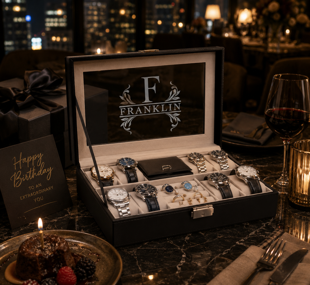 Personalized Black Leather Watch Box for Men, Custom Engraved Jewelry Organizer, 8 Slot Watch Case, Anniversary & Groomsmen Gift