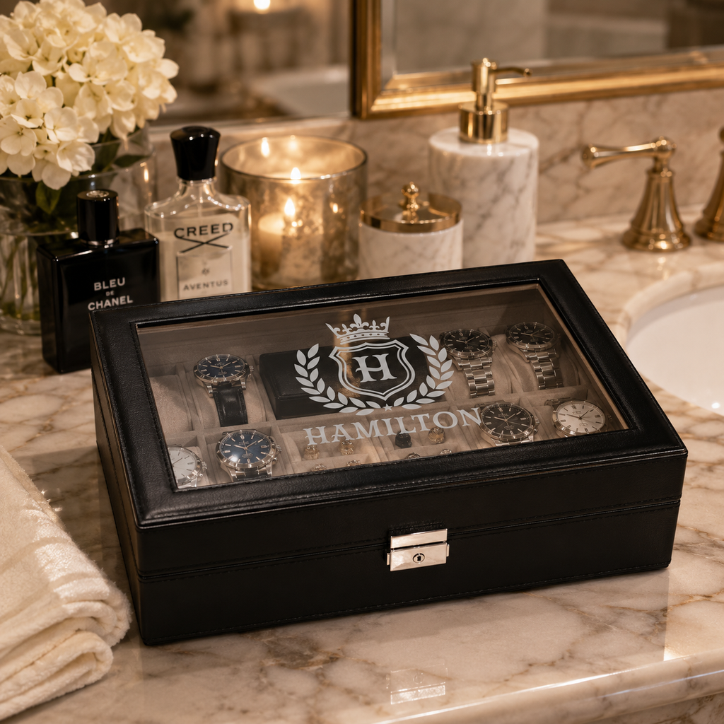Personalized Black Leather Watch Box for Men, Custom Engraved Jewelry Organizer, 8 Slot Watch Case, Anniversary & Groomsmen Gift