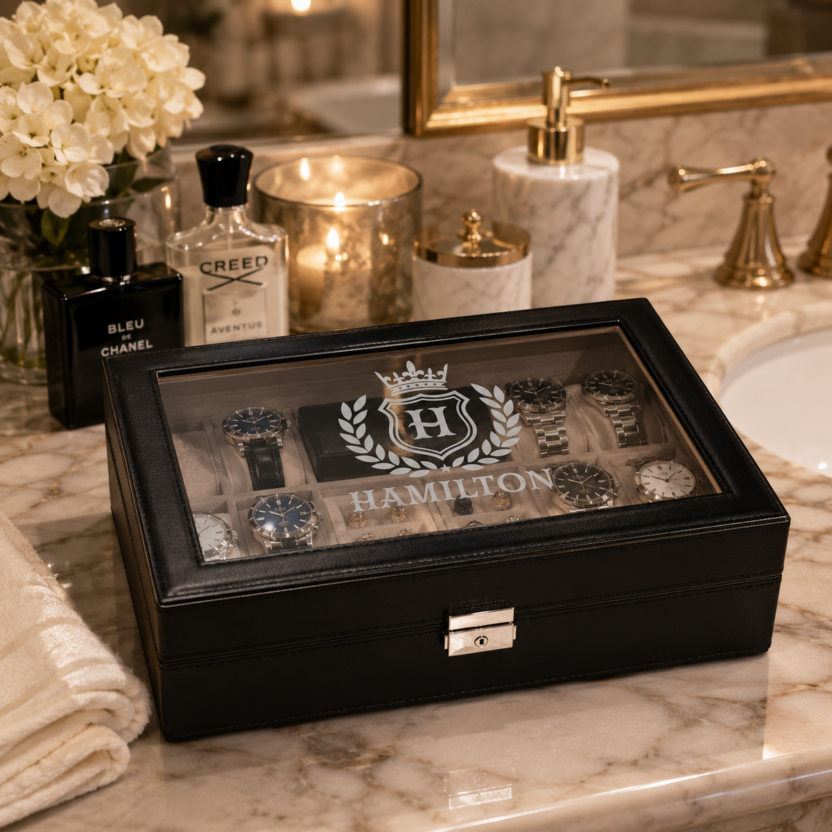 Personalized Black Leather Watch Box for Men, Custom Engraved Jewelry Organizer, 8 Slot Watch Case, Anniversary & Groomsmen Gift