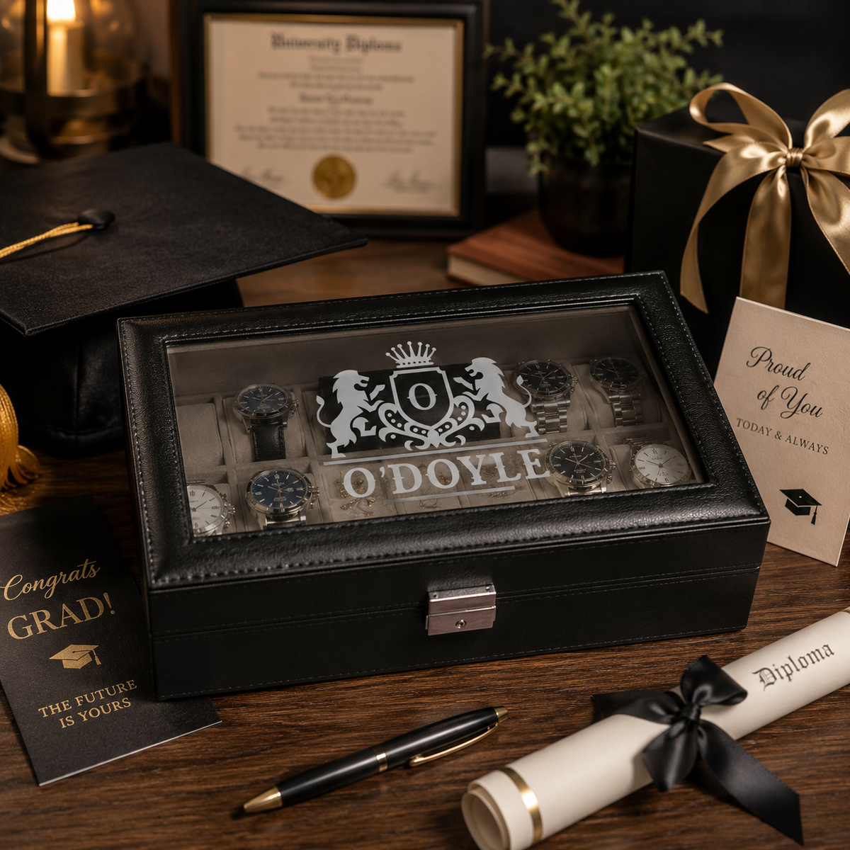 Personalized Black Leather Watch Box for Men, Custom Engraved Jewelry Organizer, 8 Slot Watch Case, Anniversary & Groomsmen Gift