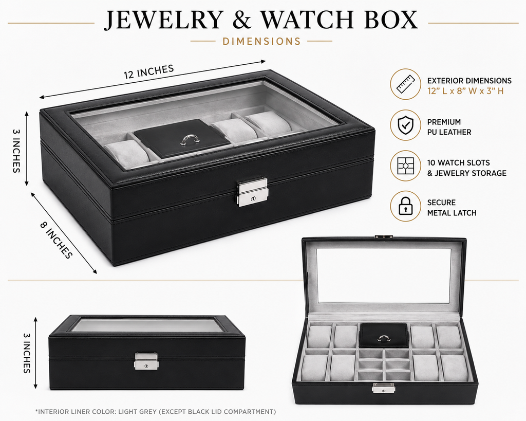 Personalized Black Leather Watch Box for Men, Custom Engraved Jewelry Organizer, 8 Slot Watch Case, Anniversary & Groomsmen Gift