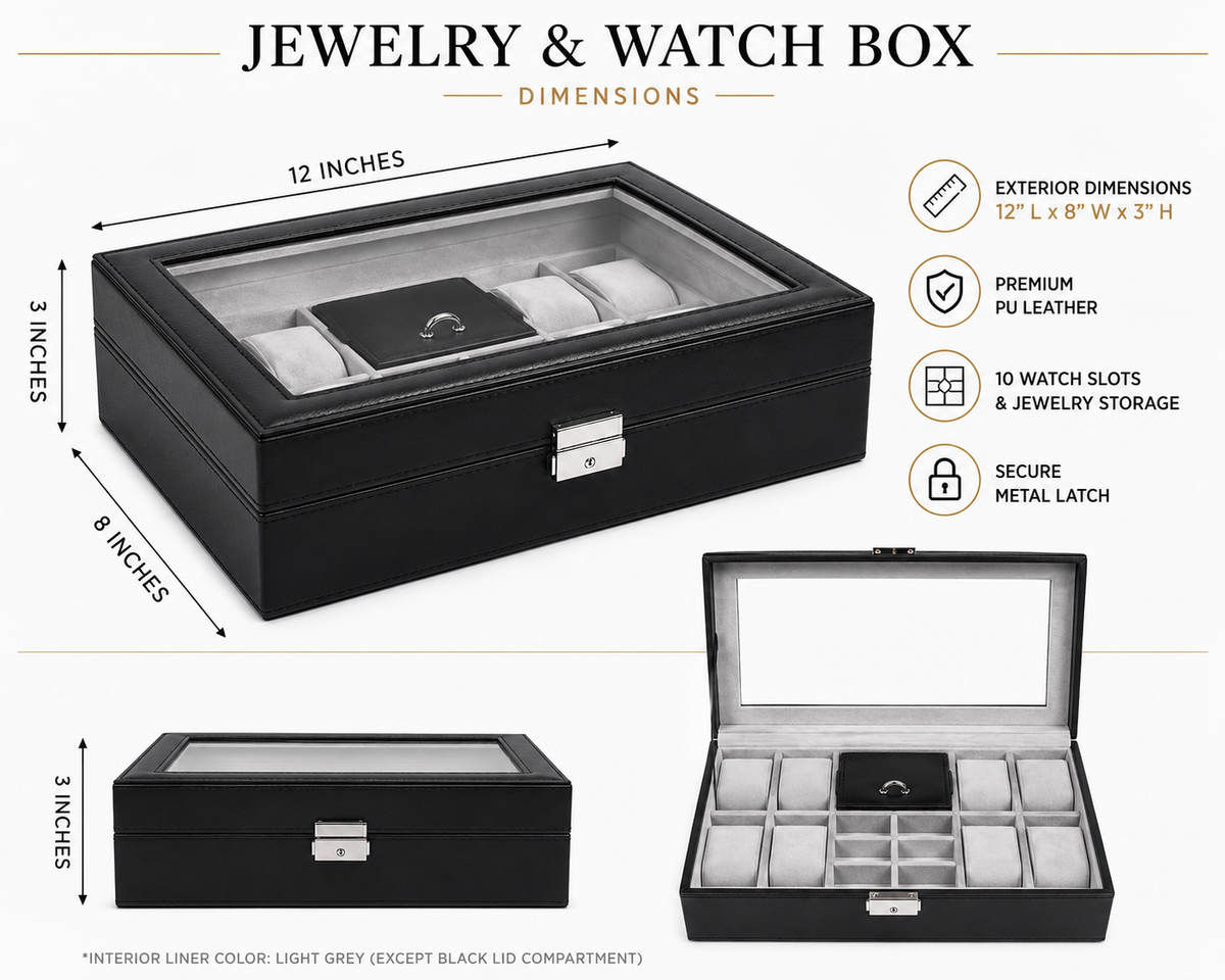 Personalized Black Leather Watch Box for Men, Custom Engraved Jewelry Organizer, 8 Slot Watch Case, Anniversary & Groomsmen Gift