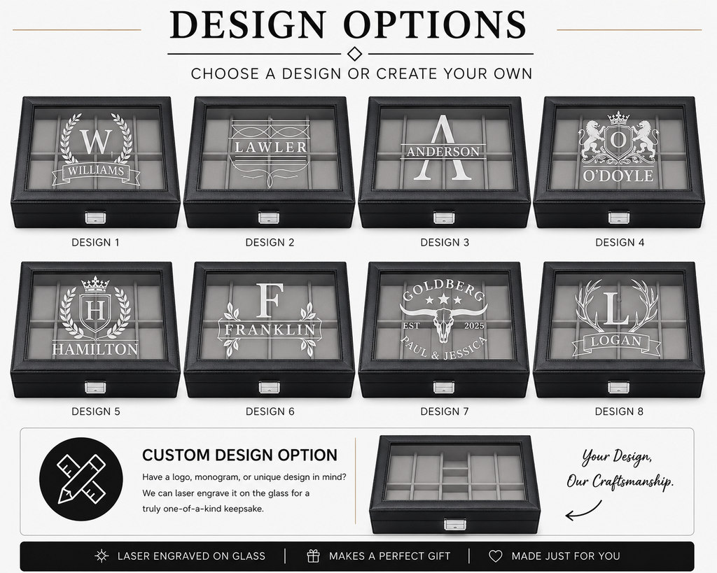 Personalized Black Leather Watch Box for Men, Custom Engraved Jewelry Organizer, 8 Slot Watch Case, Anniversary & Groomsmen Gift