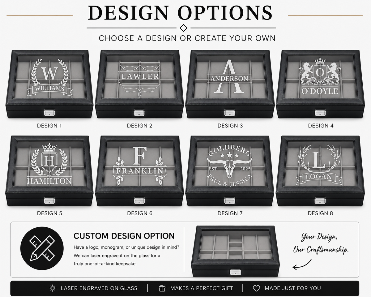 Personalized Black Leather Watch Box for Men, Custom Engraved Jewelry Organizer, 8 Slot Watch Case, Anniversary & Groomsmen Gift