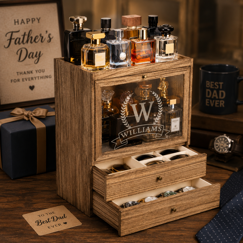 Personalized Cologne Organizer with Drawers, Engraved Men’s Fragrance Display Case, Watch Storage Box, Custom Gift for Him & Dad