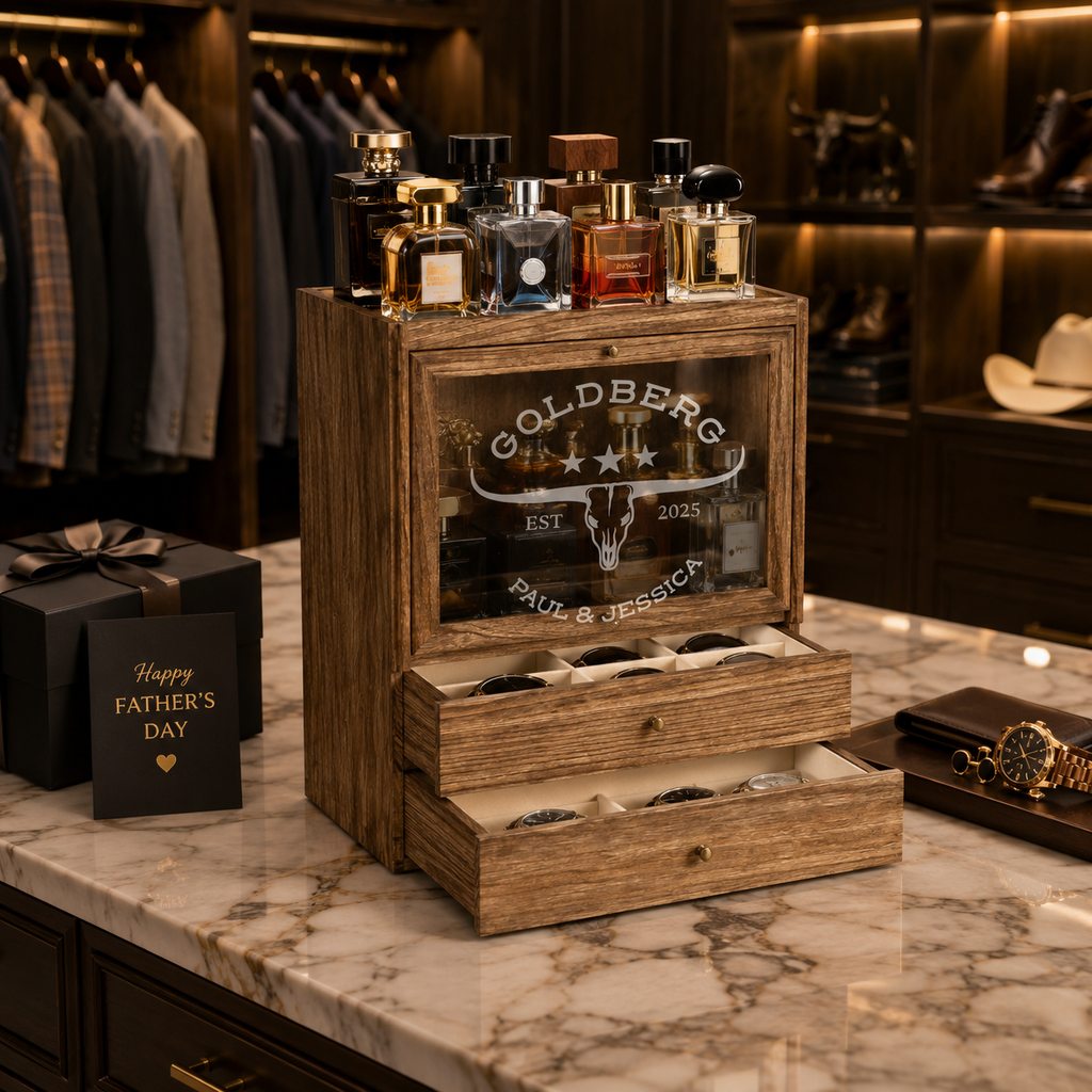 Personalized Cologne Organizer with Drawers, Engraved Men’s Fragrance Display Case, Watch Storage Box, Custom Gift for Him & Dad