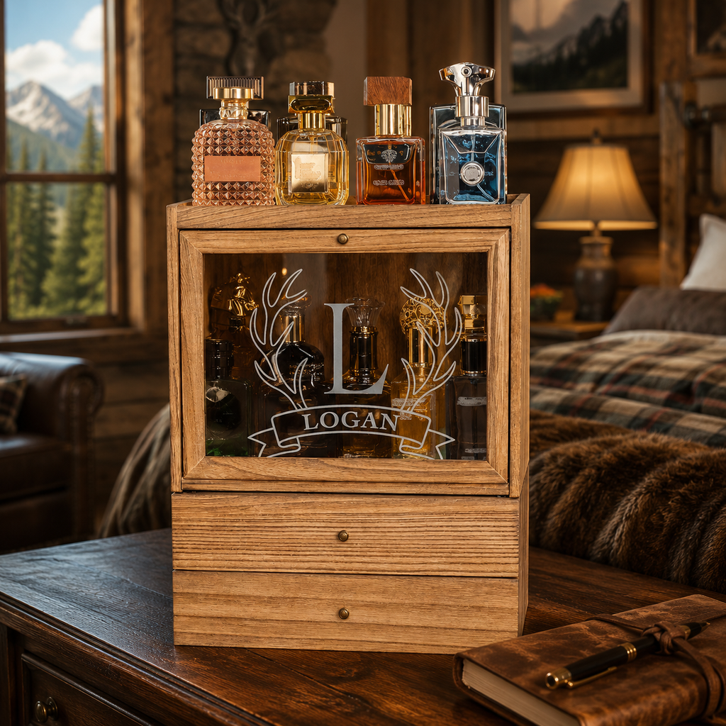 Personalized Cologne Organizer with Drawers, Engraved Men’s Fragrance Display Case, Watch Storage Box, Custom Gift for Him & Dad