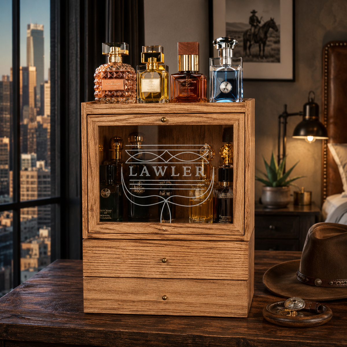 Personalized Cologne Organizer with Drawers, Engraved Men’s Fragrance Display Case, Watch Storage Box, Custom Gift for Him & Dad