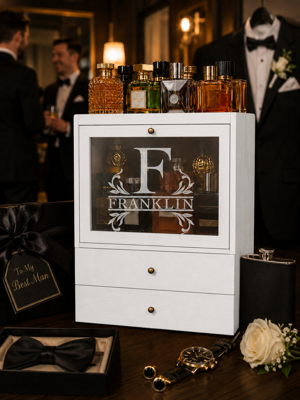 Personalized Cologne Organizer with Drawers, Engraved Men’s Fragrance Display Case, Watch Storage Box, Custom Gift for Him & Dad