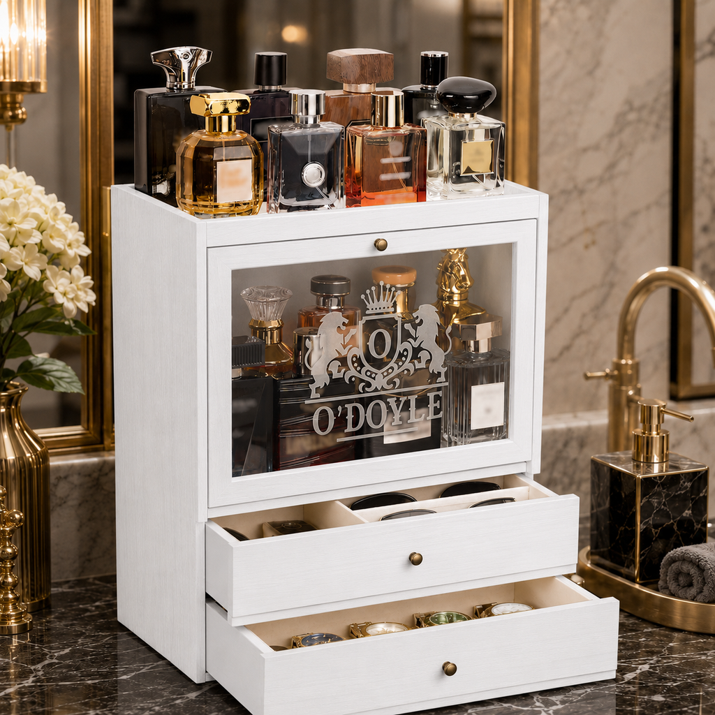 Personalized Cologne Organizer with Drawers, Engraved Men’s Fragrance Display Case, Watch Storage Box, Custom Gift for Him & Dad