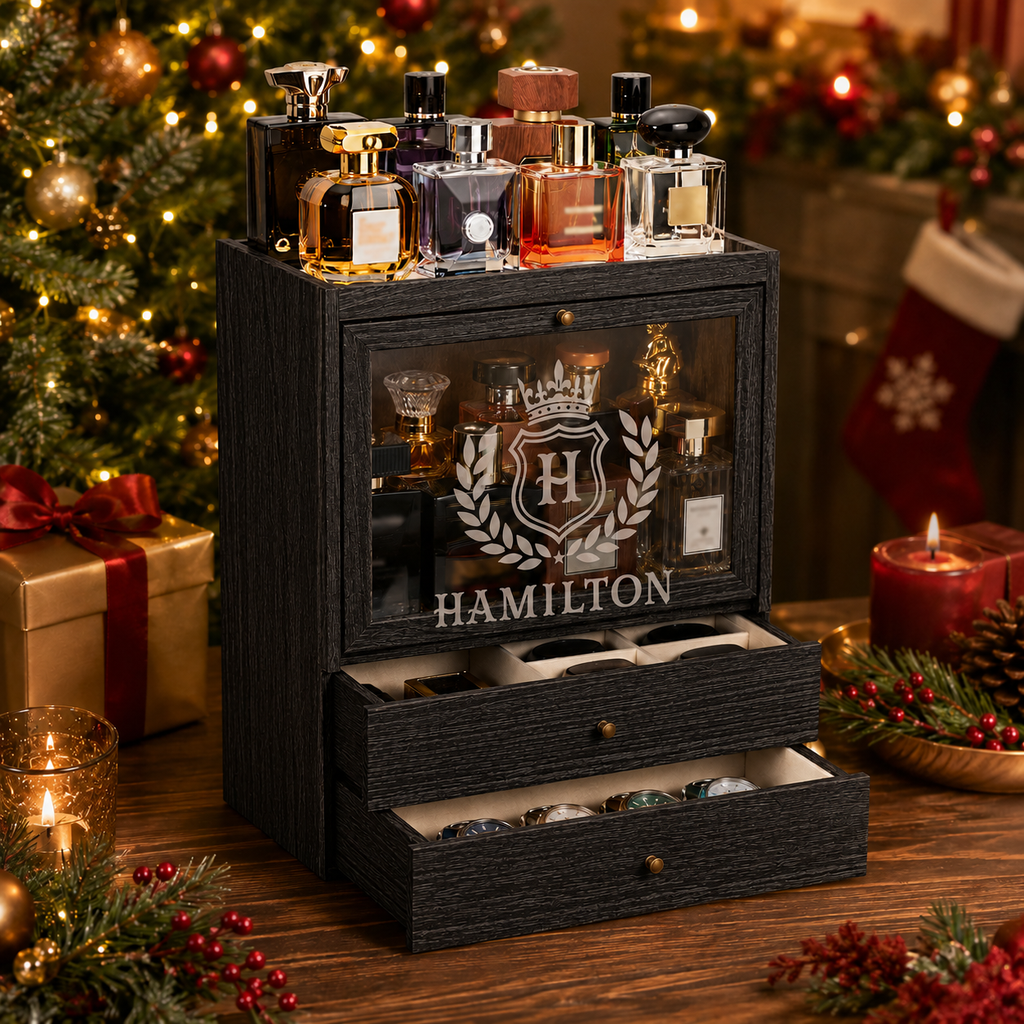 Personalized Cologne Organizer with Drawers, Engraved Men’s Fragrance Display Case, Watch Storage Box, Custom Gift for Him & Dad