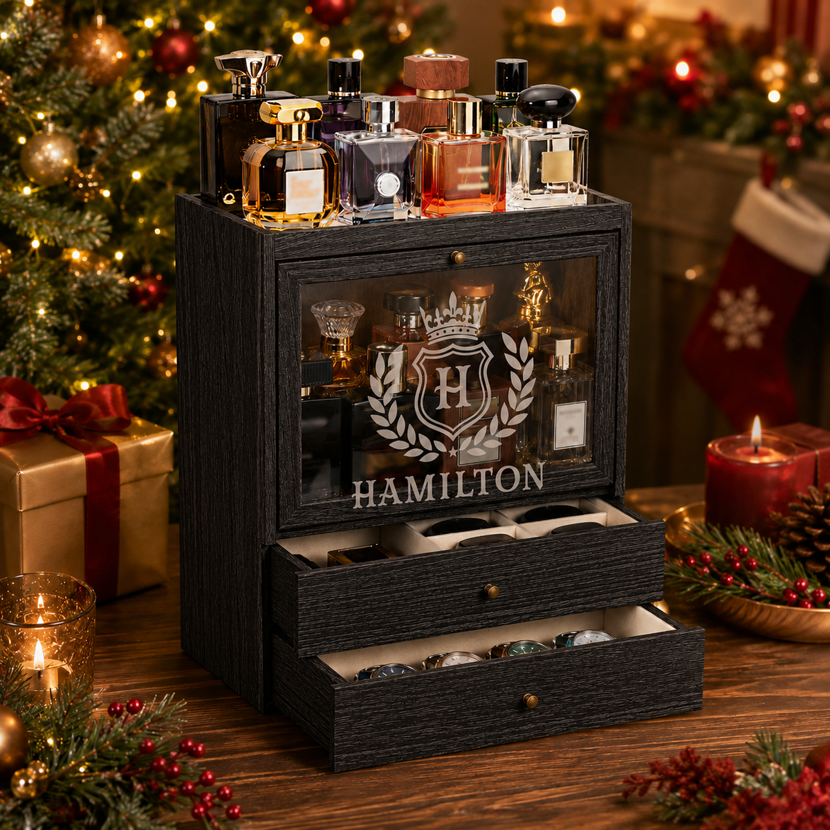 Personalized Cologne Organizer with Drawers, Engraved Men’s Fragrance Display Case, Watch Storage Box, Custom Gift for Him & Dad