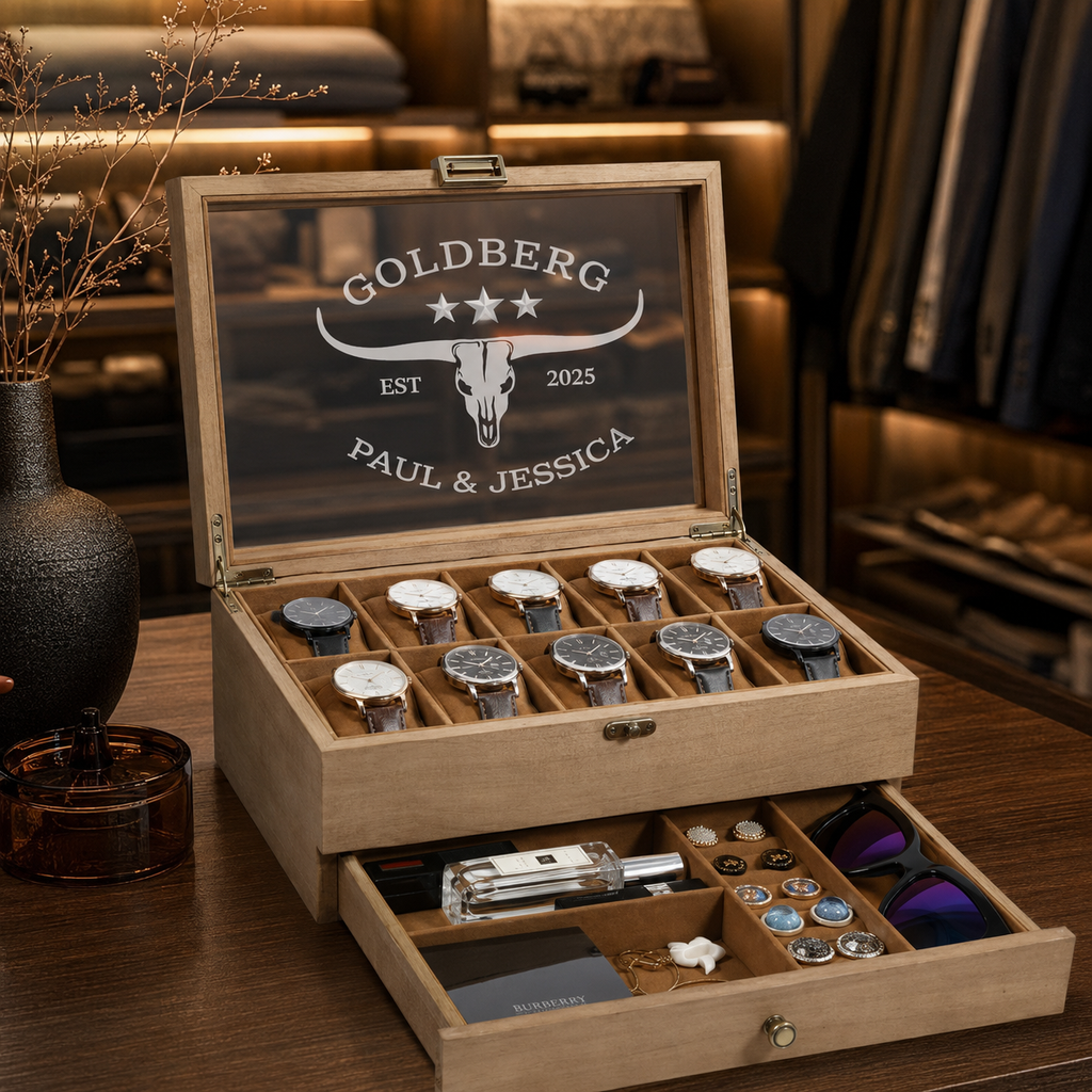 Personalized Wooden Watch Box for Men, 10 Slot Watch Case with Accessory Drawer, Engraved Watch Organizer, Anniversary Gift for Him