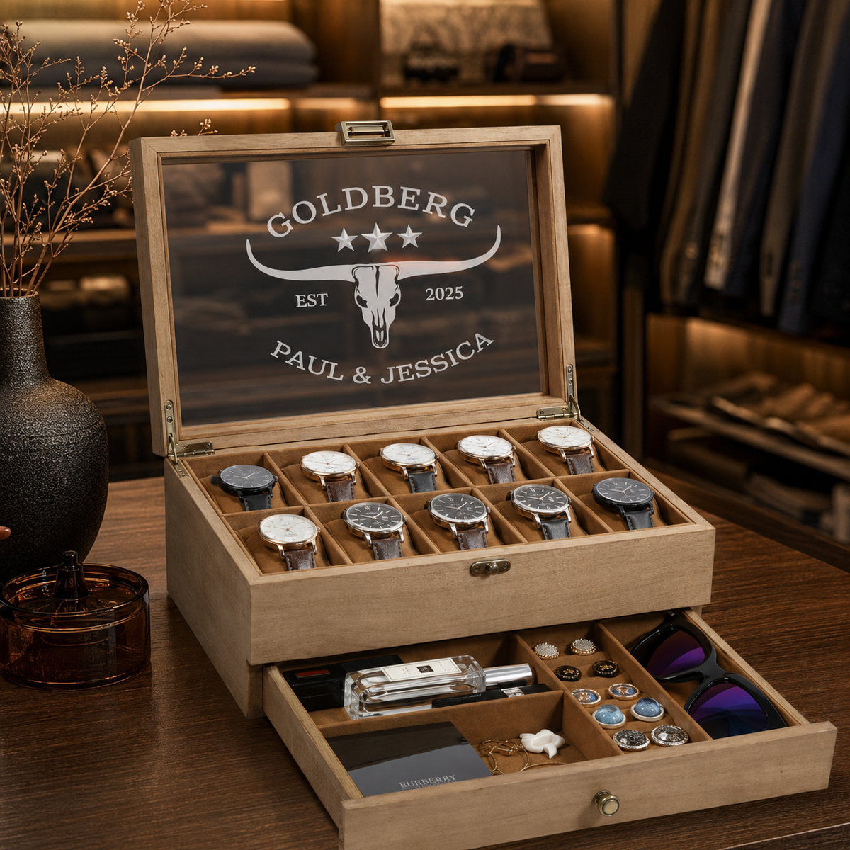Personalized Wooden Watch Box for Men, 10 Slot Watch Case with Accessory Drawer, Engraved Watch Organizer, Anniversary Gift for Him